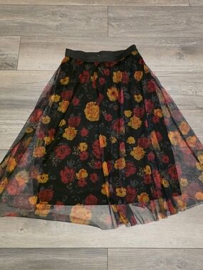 Skirt Love & Joy Black Floral Mesh Midi Skirt - Size Medium